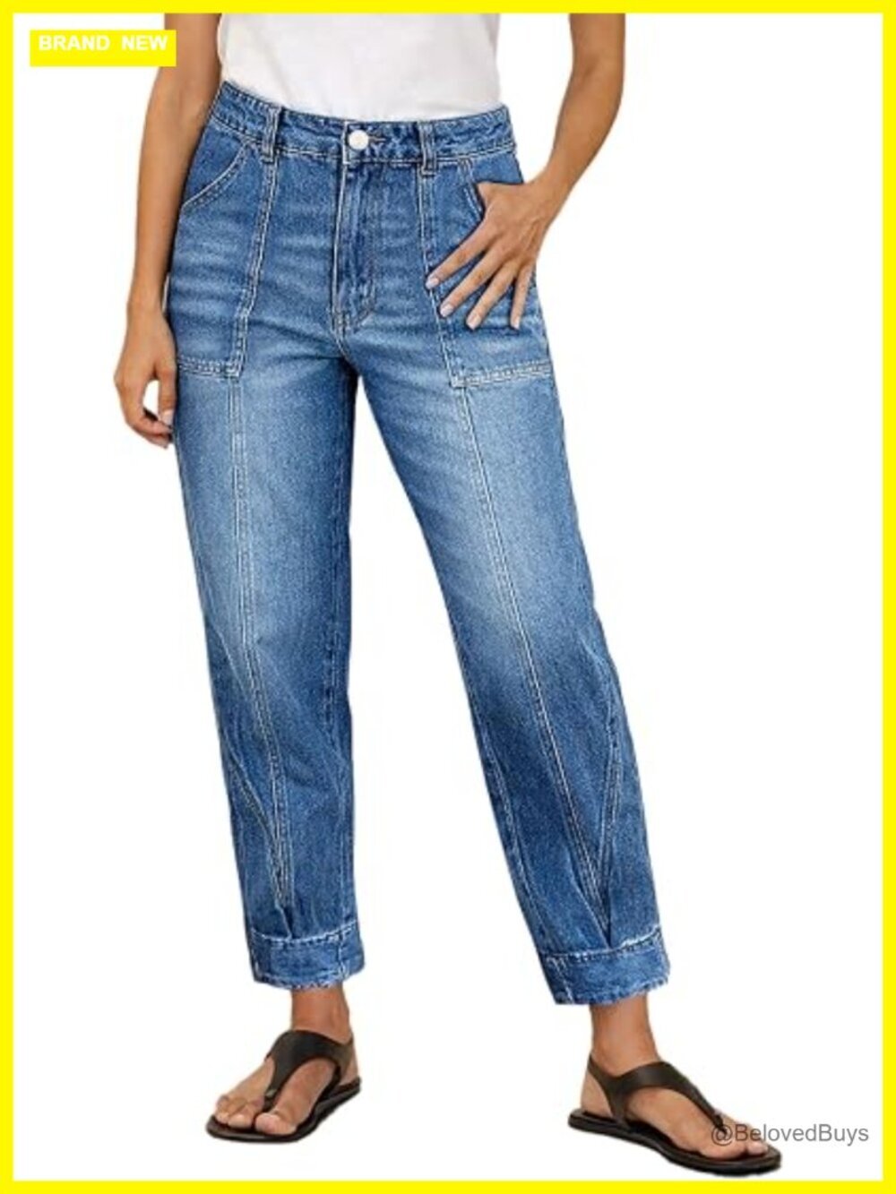 High Rise Straight Leg Jeans with Seam Front & Patch Pockets